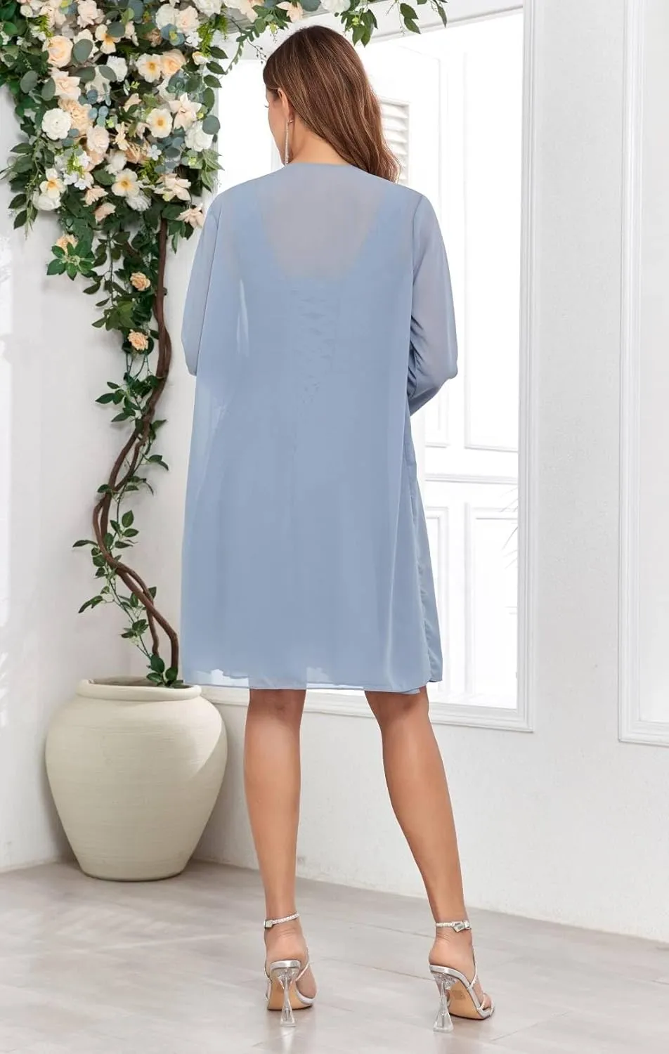 2 Pieces Mother of The Bride Dresses for Wedding with Jacket Chiffon Pleated Formal Evening Gown