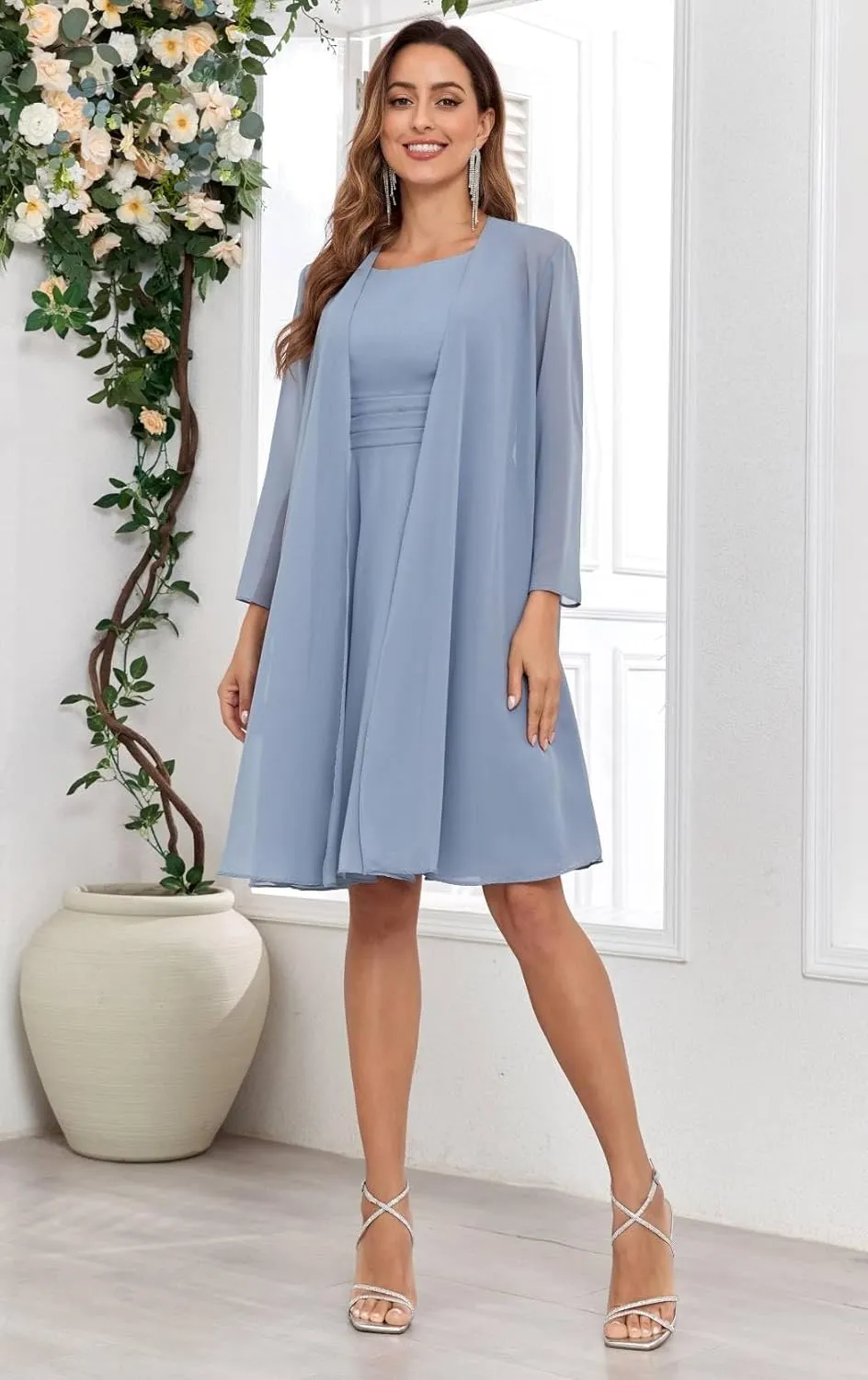 2 Pieces Mother of The Bride Dresses for Wedding with Jacket Chiffon Pleated Formal Evening Gown