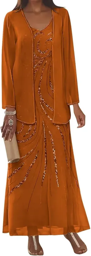 2 Pieces Mother of The Bride Dresses with Jacket for Women Long Sleeve Chiffon Formal Dress