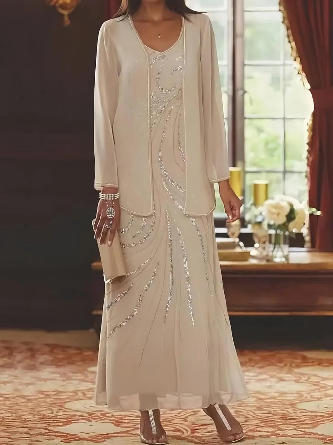 2 Pieces Mother of The Bride Dresses with Jacket for Women Long Sleeve Chiffon Formal Dress