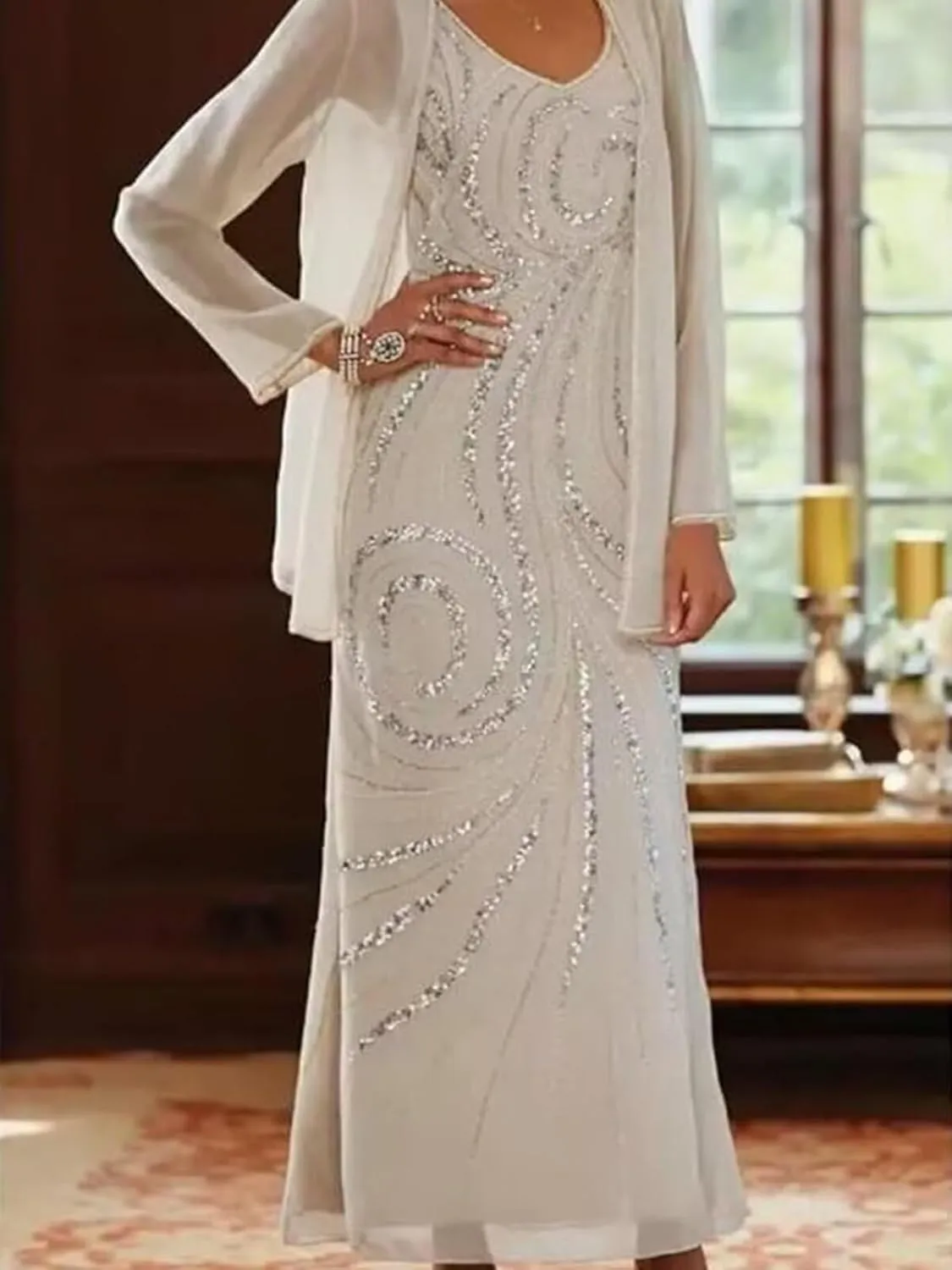 2 Pieces Mother of The Bride Dresses with Jacket for Women Long Sleeve Chiffon Formal Dress