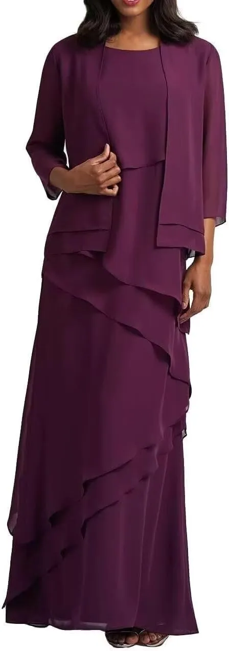 2-Pieces Mother of The Bride Dresses with Jacket Ruffle Chiffon Mother of Groom Dress Formal Evening Gowns