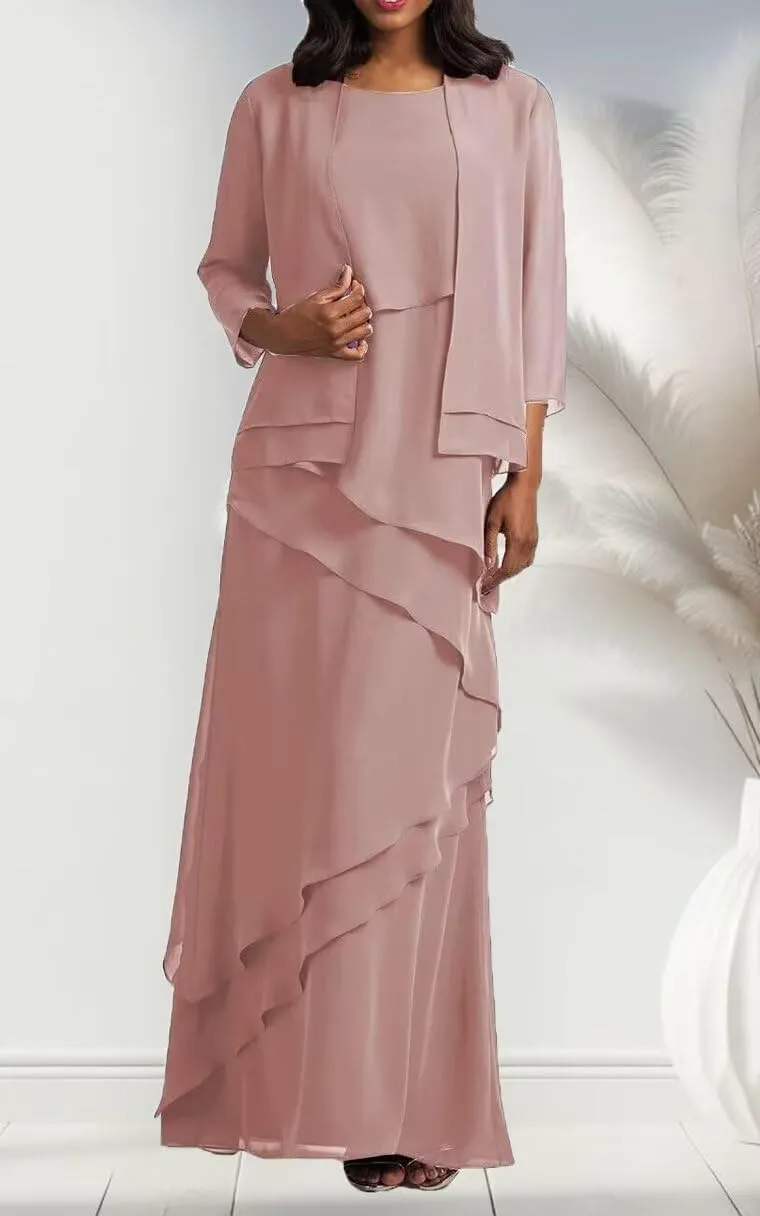 2-Pieces Mother of The Bride Dresses with Jacket Ruffle Chiffon Mother of Groom Dress Formal Evening Gowns