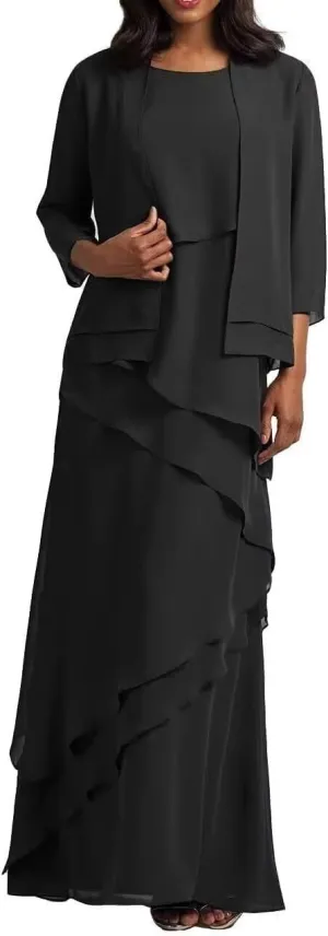 2-Pieces Mother of The Bride Dresses with Jacket Ruffle Chiffon Mother of Groom Dress Formal Evening Gowns