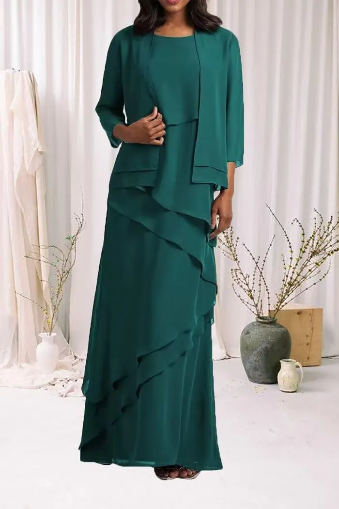 2-Pieces Mother of The Bride Dresses with Jacket Ruffle Chiffon Mother of Groom Dress Formal Evening Gowns