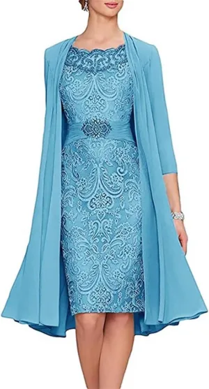 2 Pieces Tea Length Mother of The Bride Dresses for Wedding Beaded Appliques Chiffon Formal Evening Gowns with Jacket
