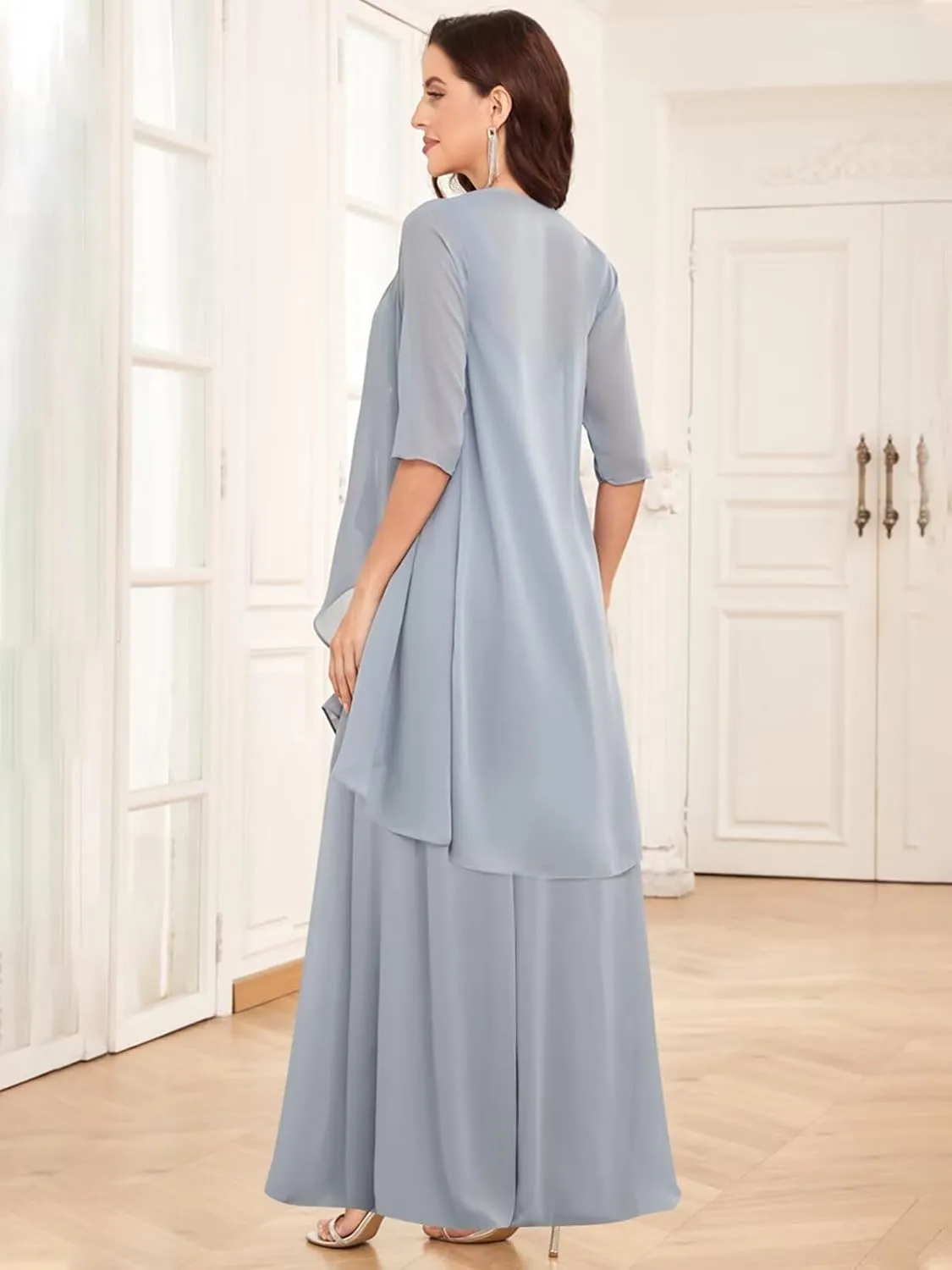 2 Pieces Tea Length Mother of The Bride Dresses for Wedding Half Sleeve Chiffon Formal Evening Dress