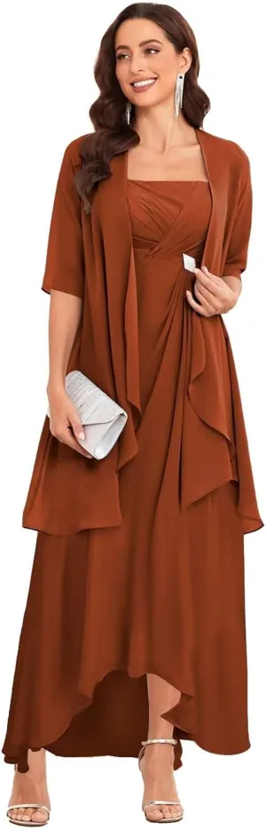 2 Pieces Tea Length Mother of The Bride Dresses for Wedding Half Sleeve Chiffon Formal Evening Dress