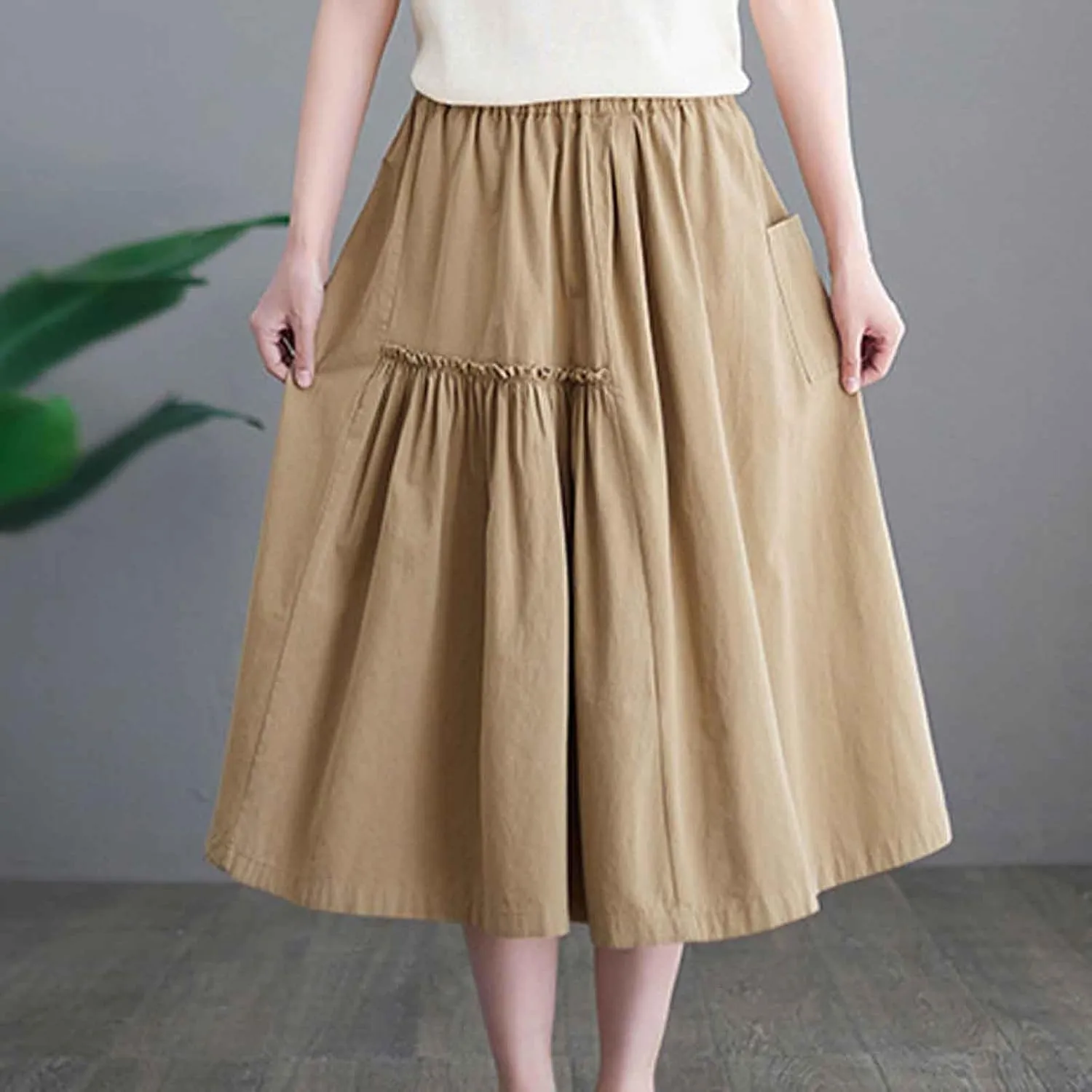 2024 Summer Skirt for Women Casual Pleated Elegant Solid Color Midi Skirts Elastic Waist Flowy Skirt with Pocket