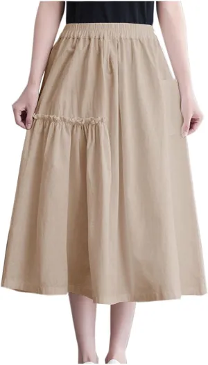 2024 Summer Skirt for Women Casual Pleated Elegant Solid Color Midi Skirts Elastic Waist Flowy Skirt with Pocket