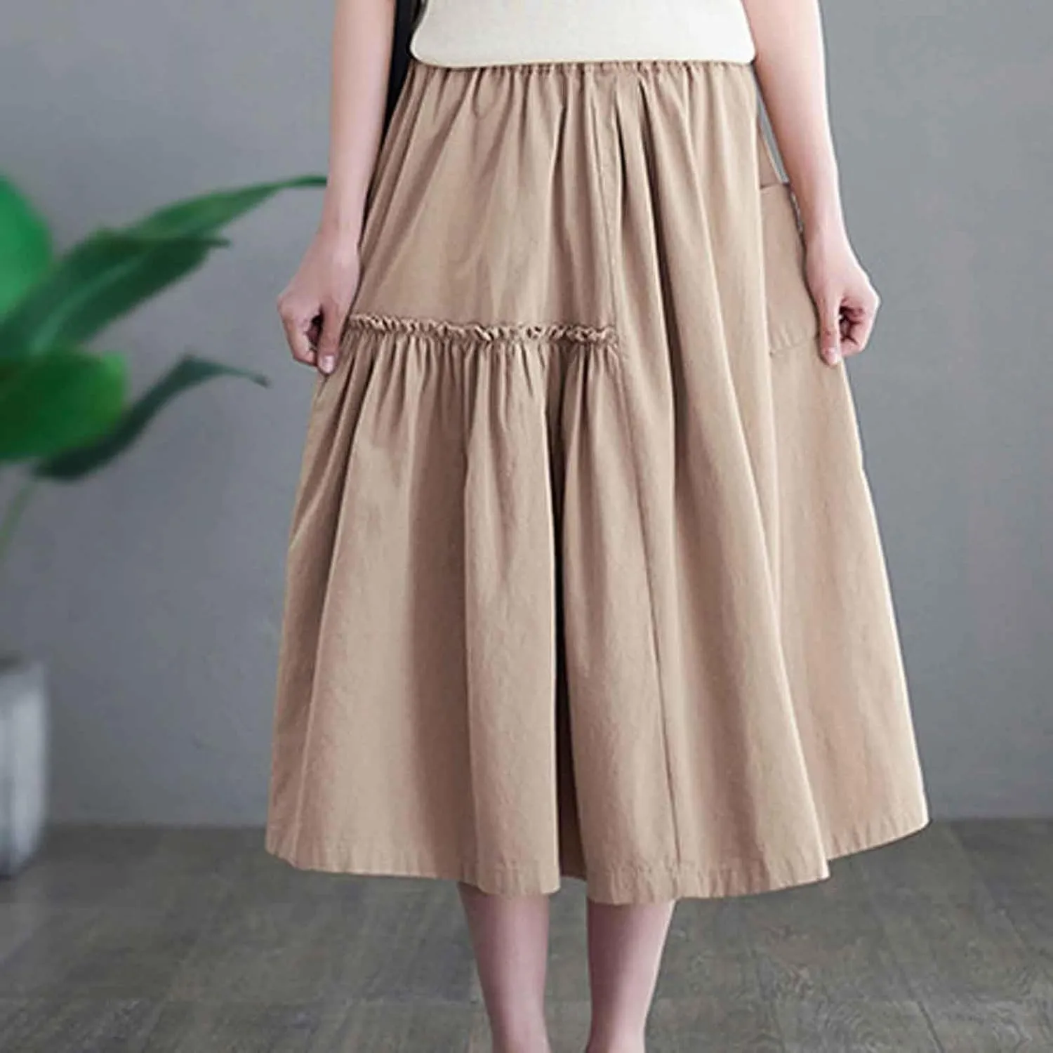 2024 Summer Skirt for Women Casual Pleated Elegant Solid Color Midi Skirts Elastic Waist Flowy Skirt with Pocket