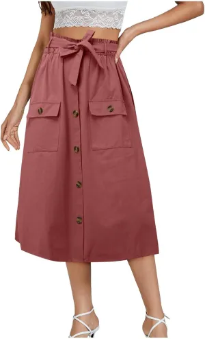 2024 Women's Skirts Summer New Literary Solid Color Button Midi Skirt Women's Woman Elastic Waist Cotton Linen A
