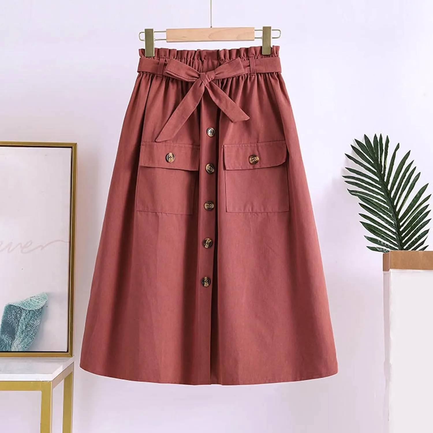 2024 Women's Skirts Summer New Literary Solid Color Button Midi Skirt Women's Woman Elastic Waist Cotton Linen A