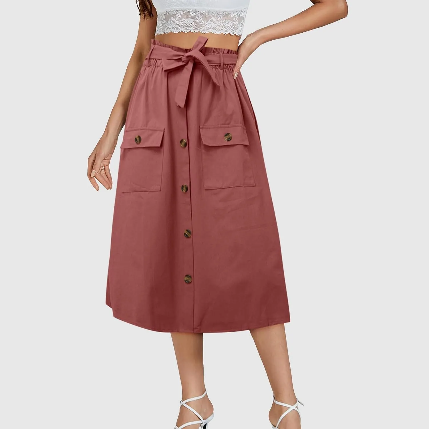 2024 Women's Skirts Summer New Literary Solid Color Button Midi Skirt Women's Woman Elastic Waist Cotton Linen A