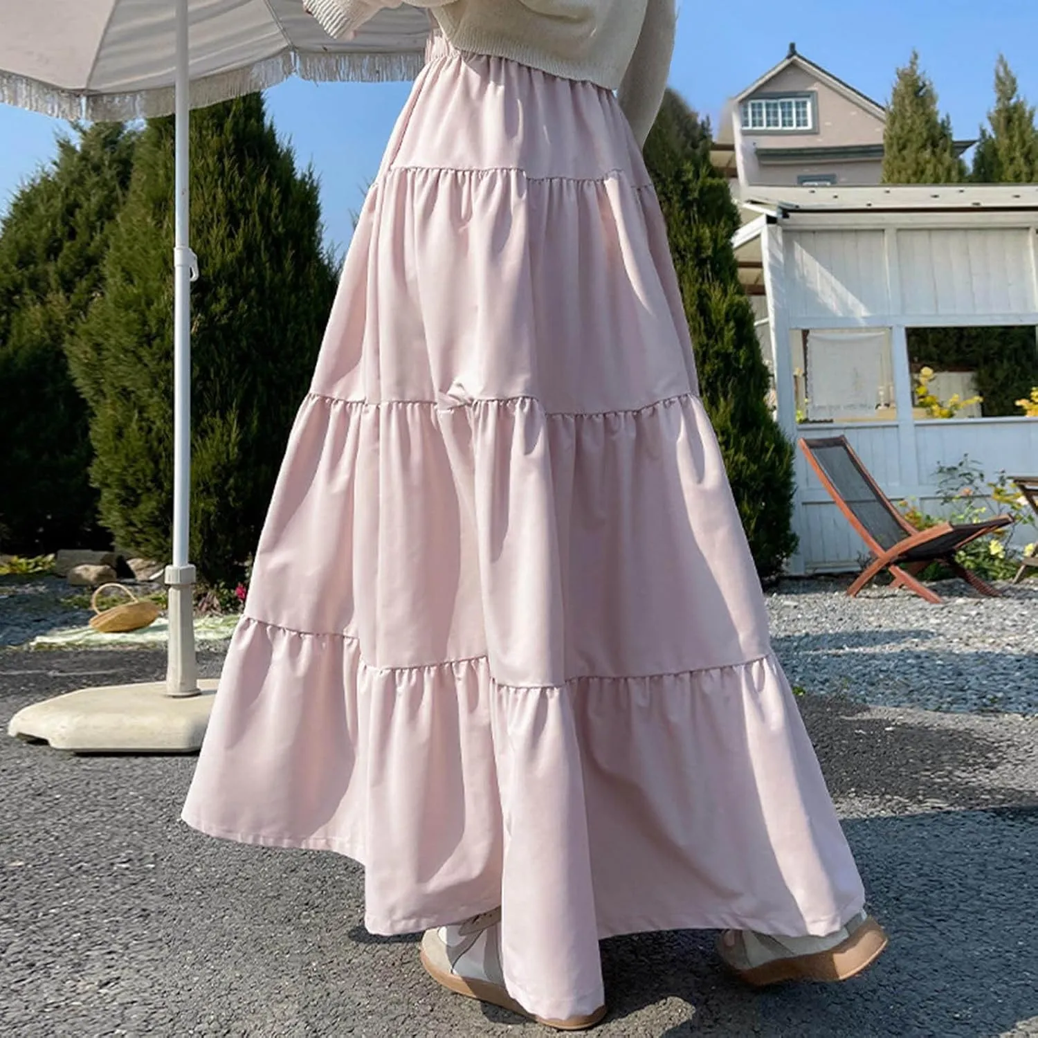 2025 Fashion Skirt for Women Summer Elastic High Waist Skirts Casual Flowy Swing A Line Ruffle Tiered Maxi Skirt