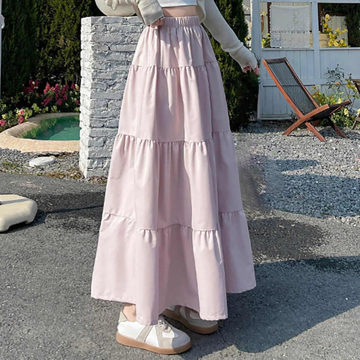 2025 Fashion Skirt for Women Summer Elastic High Waist Skirts Casual Flowy Swing A Line Ruffle Tiered Maxi Skirt