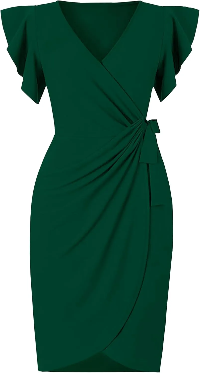 2025 Womens Deep V Neck Ruffle Sleeve Plus Size Work Cocktail Party Elegant Ruched Midi Wrap Dress with Belt