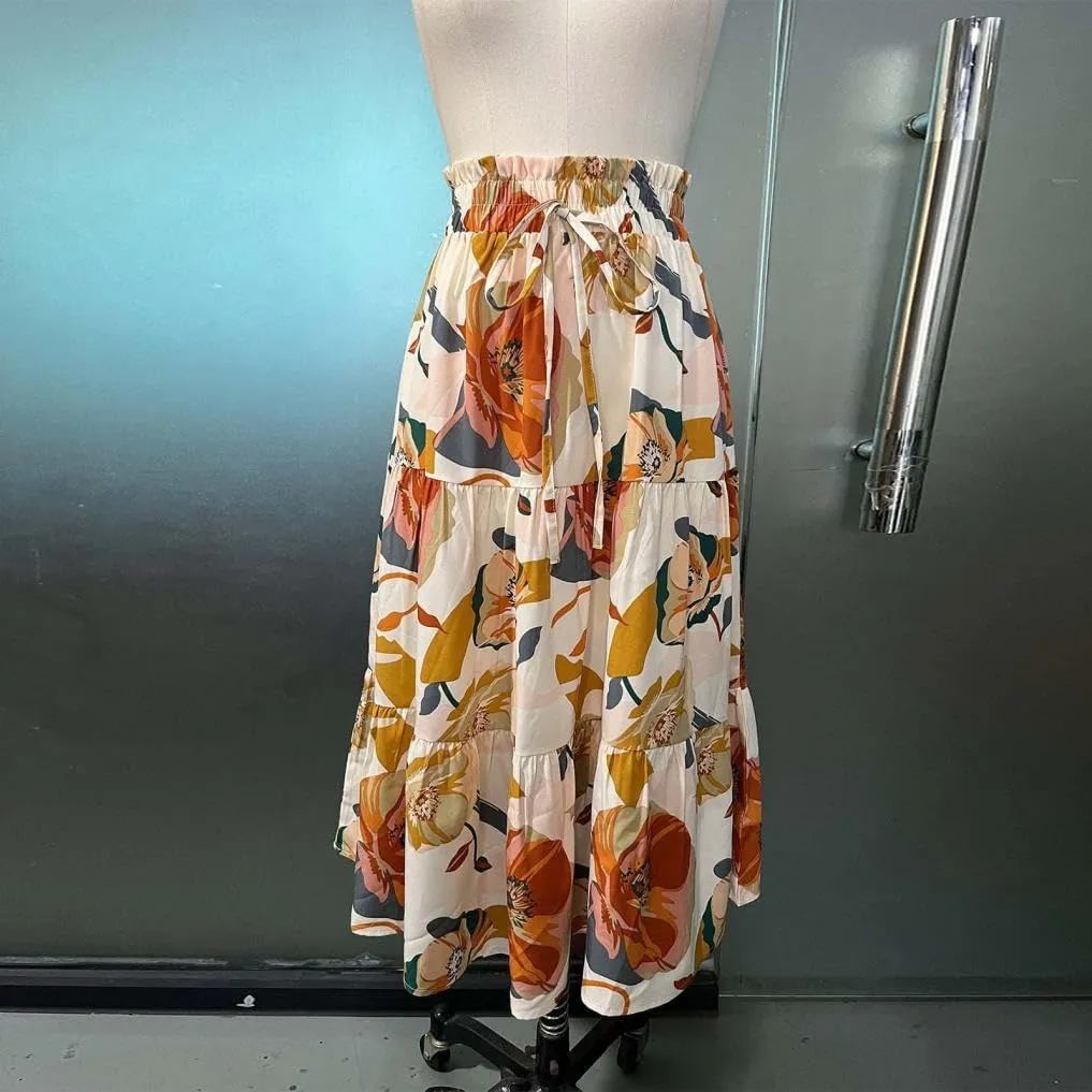 2025 Womens Floral Long Skirt Fashion Casual Flowy Swing Tiered Elastic Waisted Summer Beach Midi Skirt
