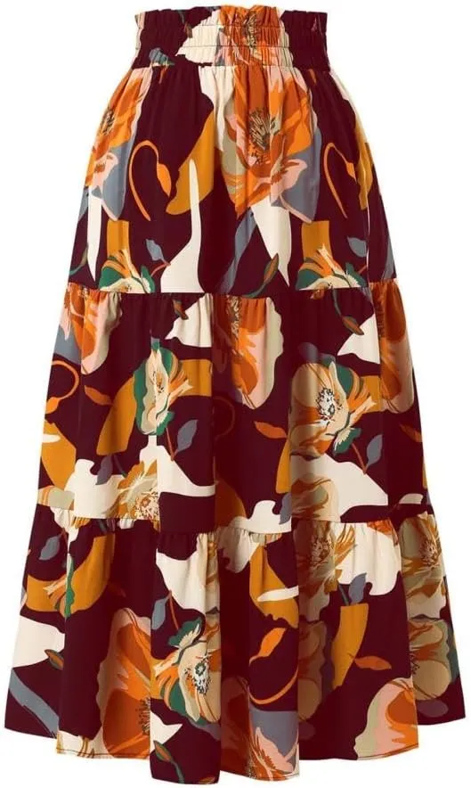 2025 Womens Floral Long Skirt Fashion Casual Flowy Swing Tiered Elastic Waisted Summer Beach Midi Skirt