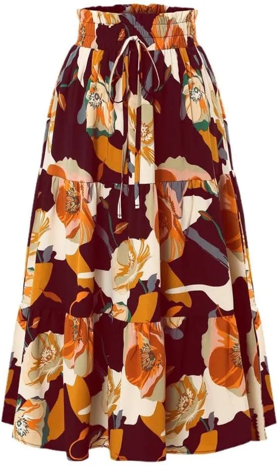 2025 Womens Floral Long Skirt Fashion Casual Flowy Swing Tiered Elastic Waisted Summer Beach Midi Skirt
