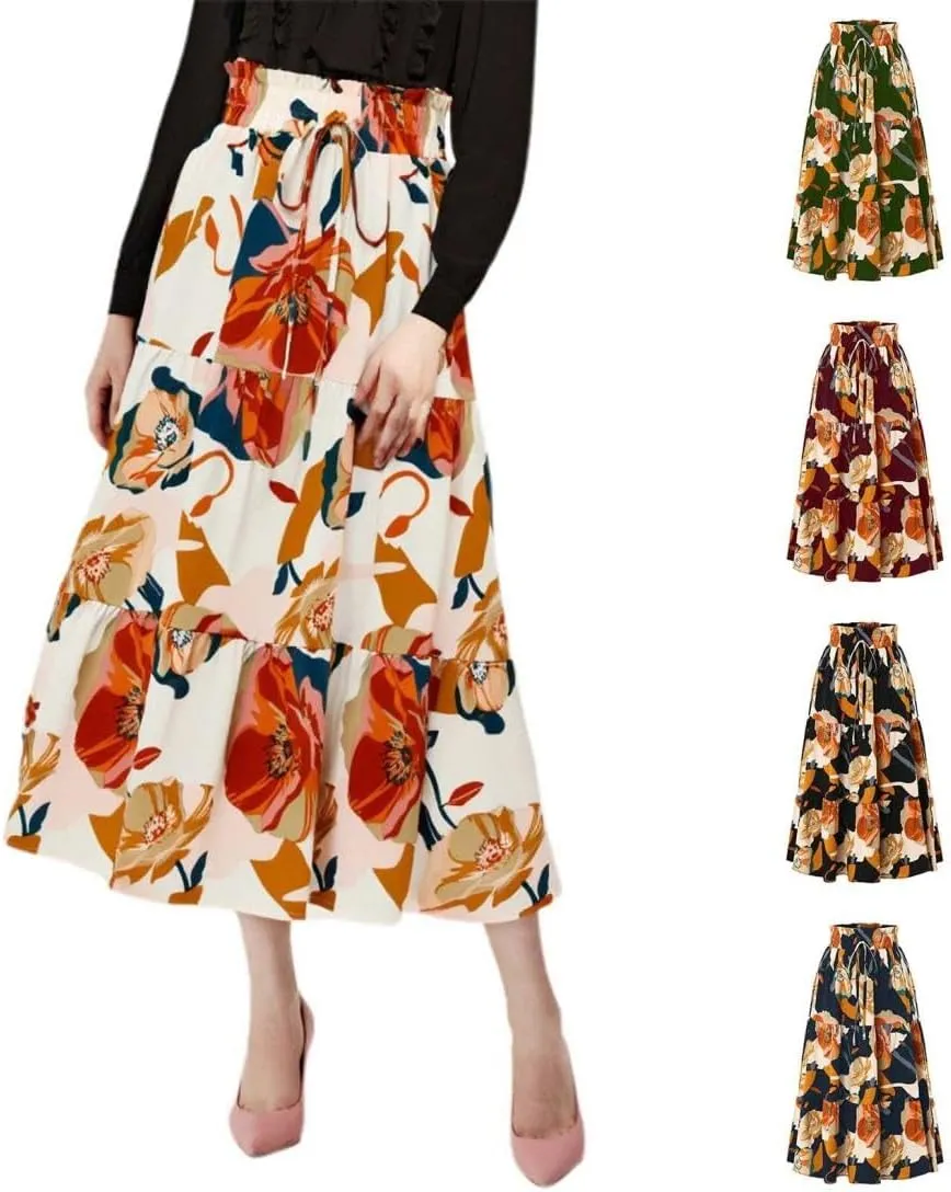2025 Womens Floral Long Skirt Fashion Casual Flowy Swing Tiered Elastic Waisted Summer Beach Midi Skirt