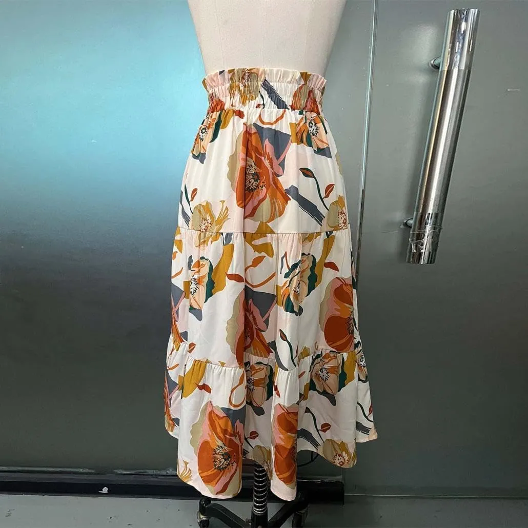 2025 Womens Floral Long Skirt Fashion Casual Flowy Swing Tiered Elastic Waisted Summer Beach Midi Skirt