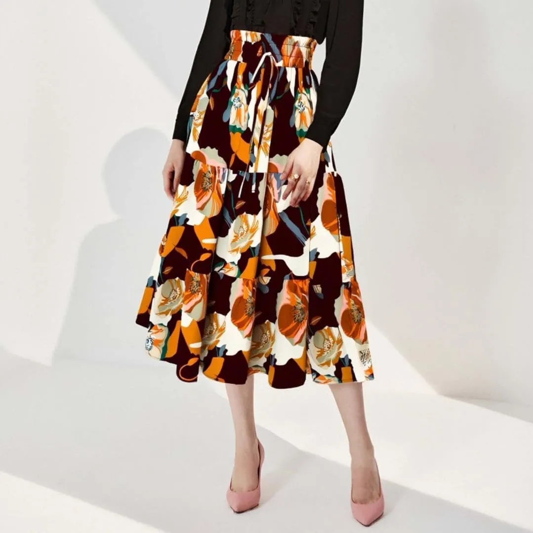 2025 Womens Floral Long Skirt Fashion Casual Flowy Swing Tiered Elastic Waisted Summer Beach Midi Skirt