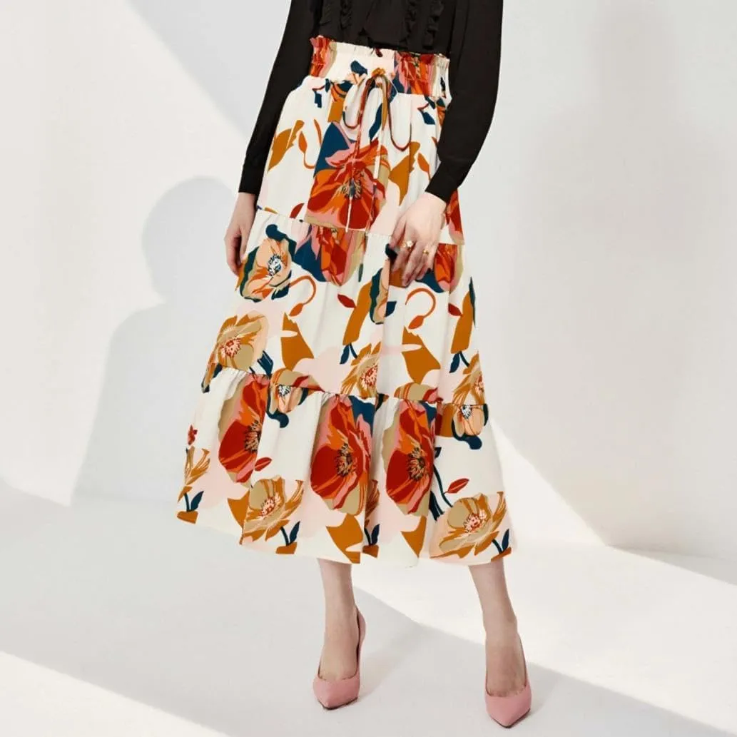 2025 Womens Floral Long Skirt Fashion Casual Flowy Swing Tiered Elastic Waisted Summer Beach Midi Skirt
