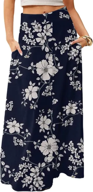 2025 Womens Long Maxi Skirt Trendy Summer Elastic High Waisted Pleated Floral Print A-Line Boho Skirts with Pockets