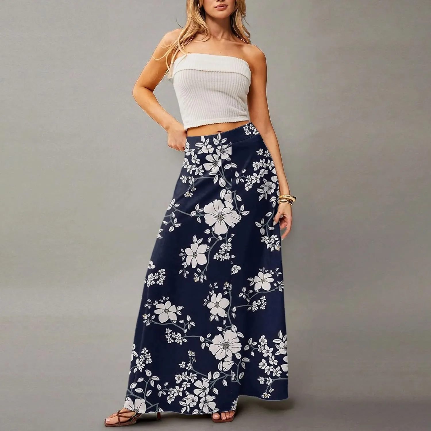 2025 Womens Long Maxi Skirt Trendy Summer Elastic High Waisted Pleated Floral Print A-Line Boho Skirts with Pockets
