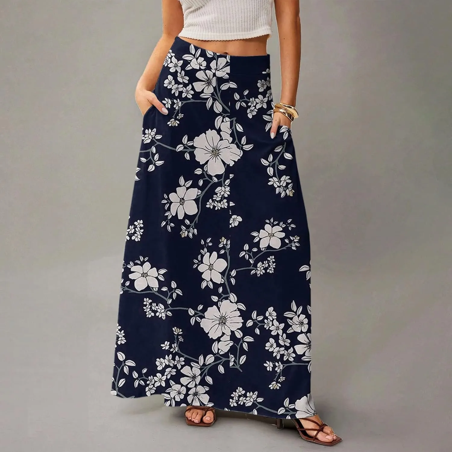 2025 Womens Long Maxi Skirt Trendy Summer Elastic High Waisted Pleated Floral Print A-Line Boho Skirts with Pockets