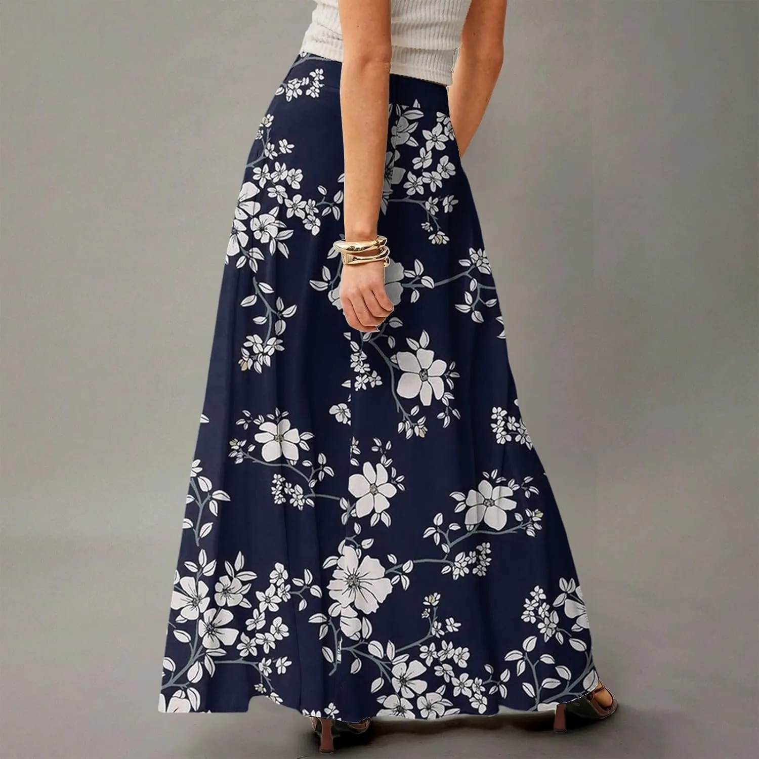 2025 Womens Long Maxi Skirt Trendy Summer Elastic High Waisted Pleated Floral Print A-Line Boho Skirts with Pockets
