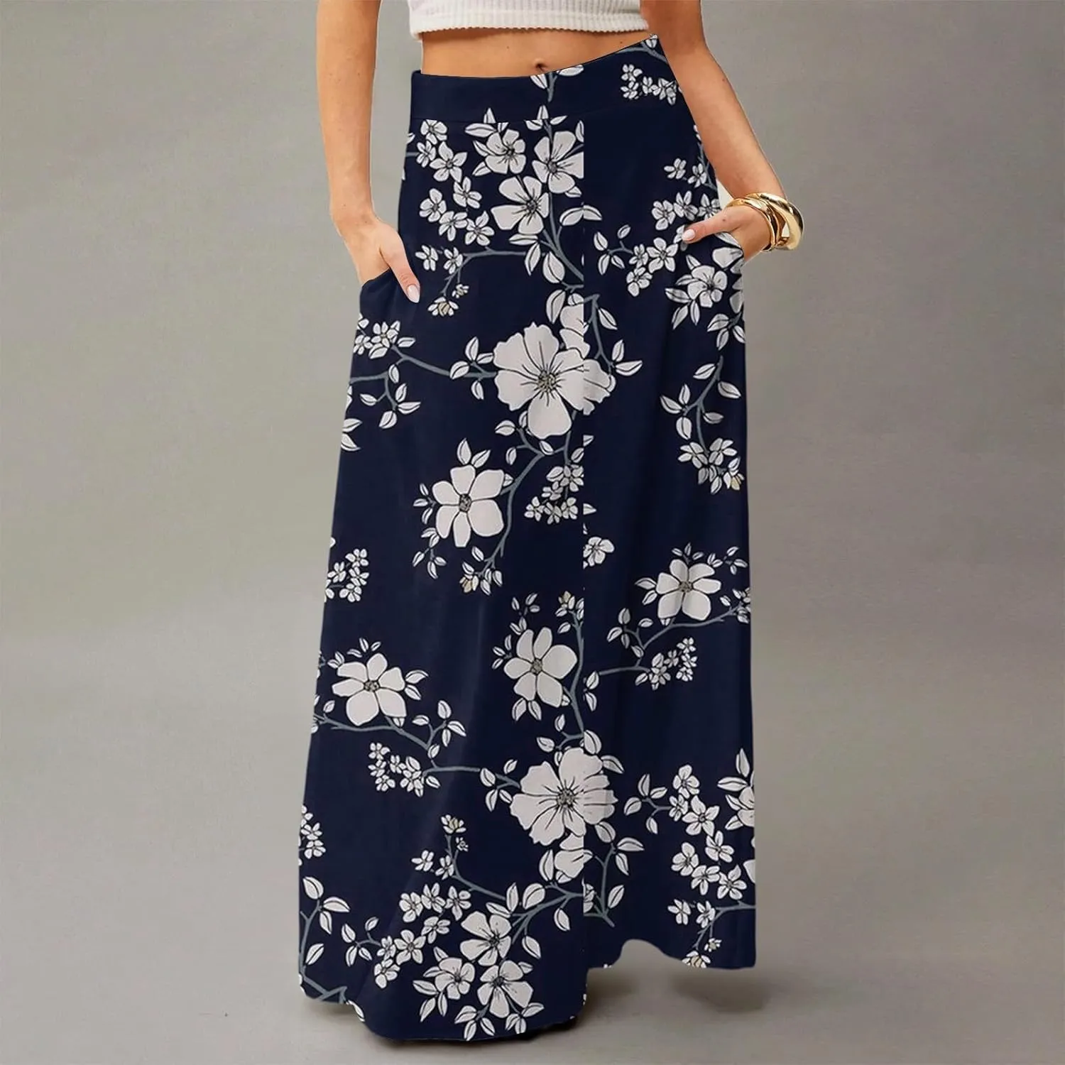 2025 Womens Long Maxi Skirt Trendy Summer Elastic High Waisted Pleated Floral Print A-Line Boho Skirts with Pockets