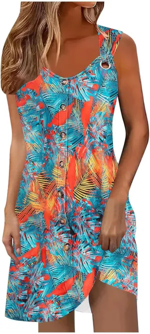 2025 Womens Summer Dresses Loose Sleeveless Button V-Neck Strap Sundress Casual Flowy Vacation Midi Dress