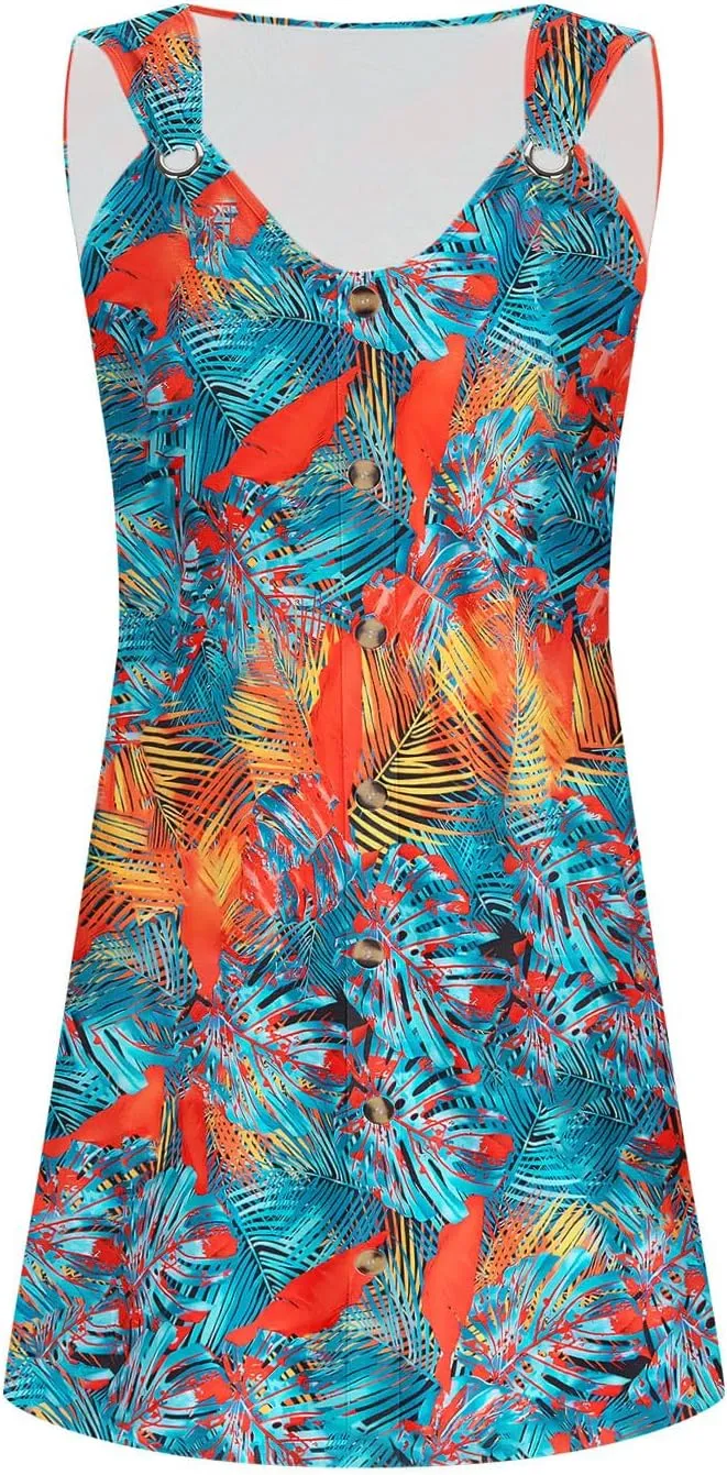 2025 Womens Summer Dresses Loose Sleeveless Button V-Neck Strap Sundress Casual Flowy Vacation Midi Dress