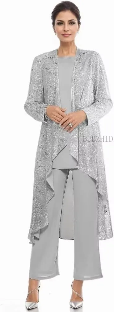 3 Pieces Mother of The Bride Pant Suits for Women Dressy Sequin Formal Wedding Dress with Jacket