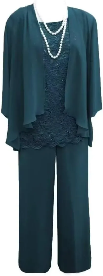 3 Pieces Pant Suits for Women Dressy Lace Chiffon Formal Wedding Guest Dress with Jacket