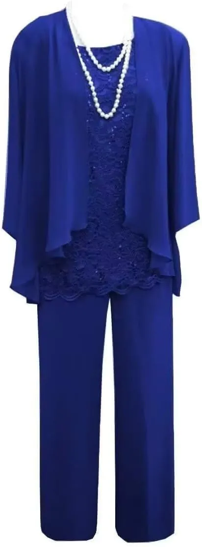 3 Pieces Pant Suits for Women Dressy Lace Chiffon Formal Wedding Guest Dress with Jacket