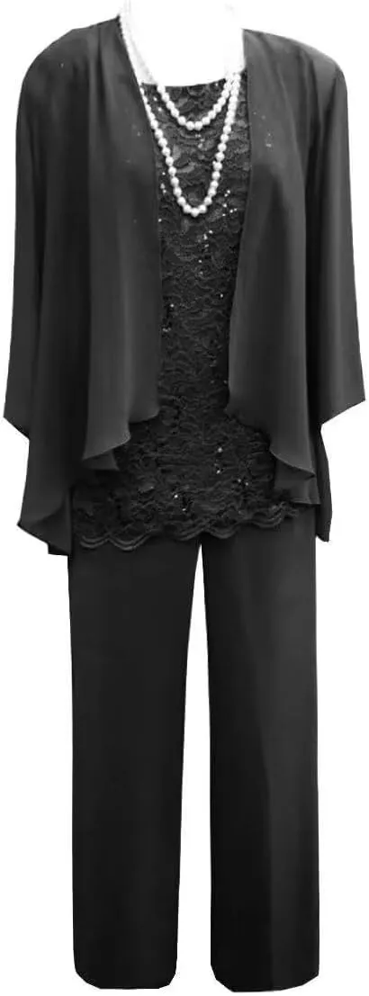 3 Pieces Pant Suits for Women Dressy Lace Chiffon Formal Wedding Guest Dress with Jacket