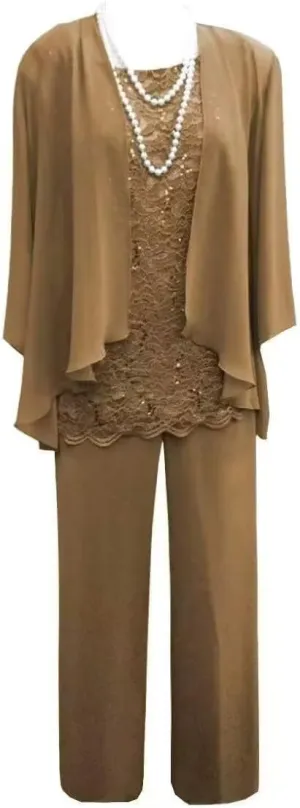 3 Pieces Pant Suits for Women Dressy Lace Chiffon Formal Wedding Guest Dress with Jacket
