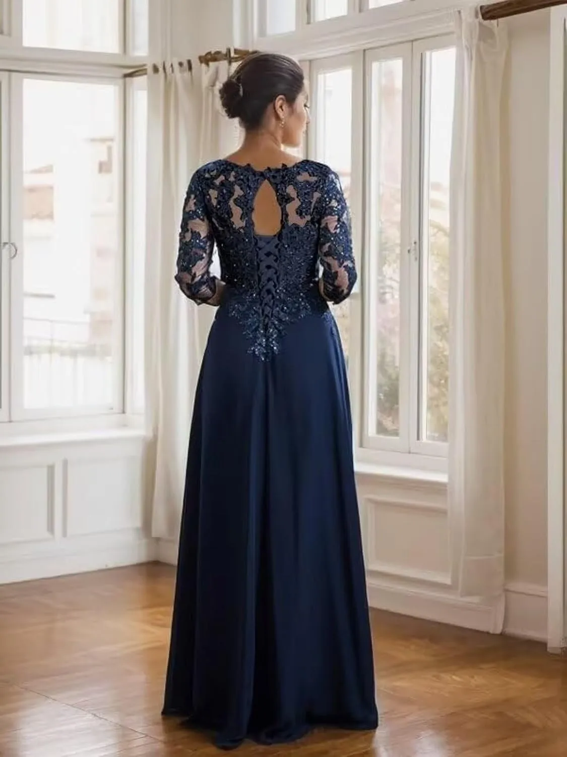 3/4 Sleeve Chiffon Mother of The Bride Dresses for Women V Neck Lace Applique Sequins Formal Evening Dress with Split