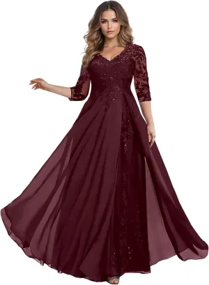3/4 Sleeve Chiffon Mother of The Bride Dresses for Women V Neck Lace Applique Sequins Formal Evening Dress with Split
