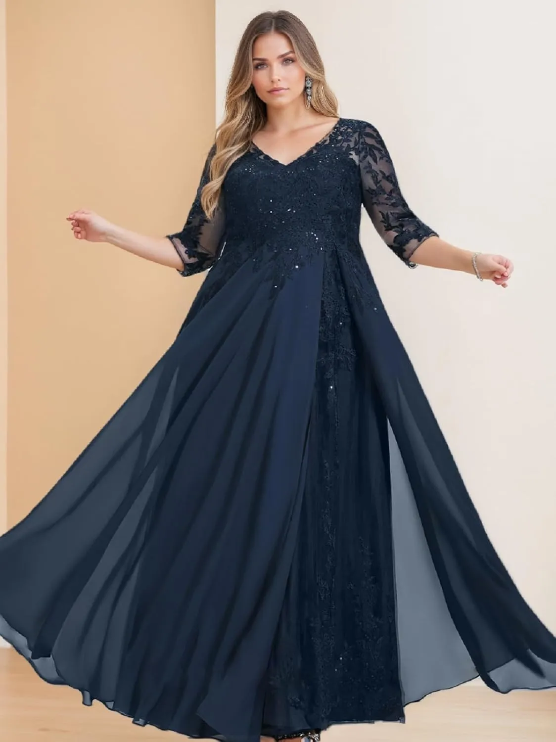 3/4 Sleeve Chiffon Mother of The Bride Dresses for Women V Neck Lace Applique Sequins Formal Evening Dress with Split