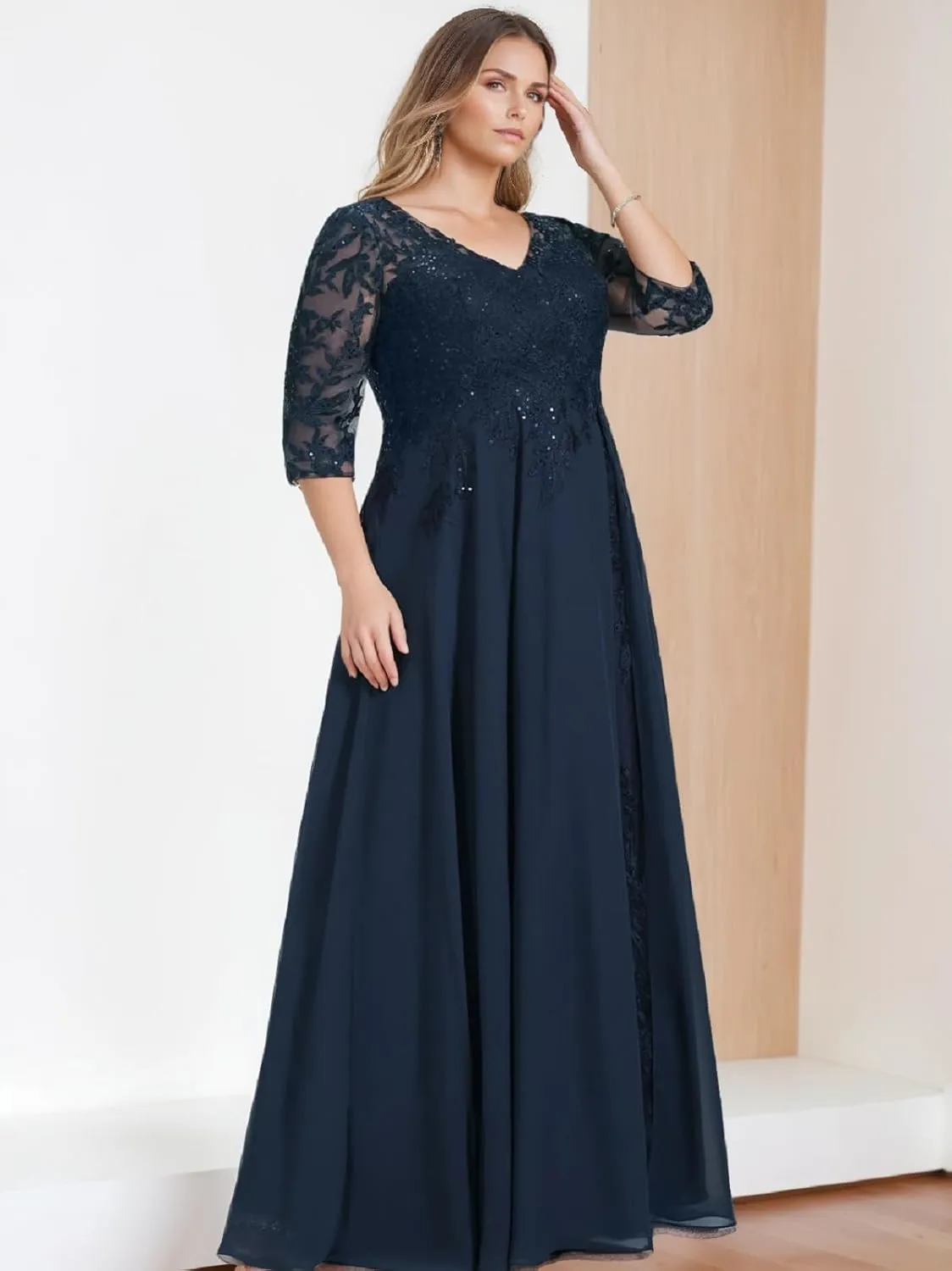 3/4 Sleeve Chiffon Mother of The Bride Dresses for Women V Neck Lace Applique Sequins Formal Evening Dress with Split