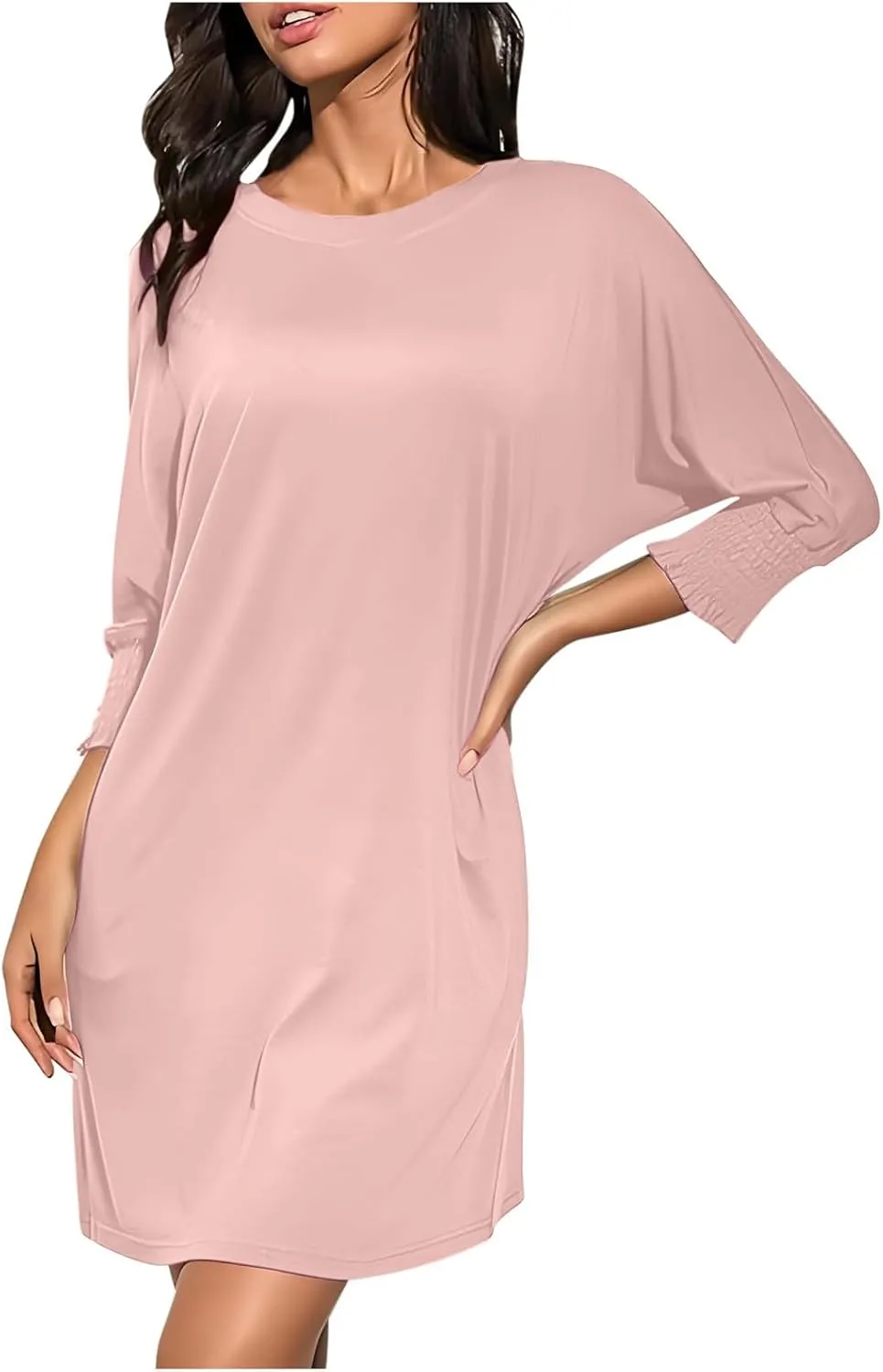 3/4 Sleeve Womens Dresses Summer Spring Quarter Sleeve Crew Neck Mini Dress Loose Fit Beach Coverups Comfy Tshirt Dress