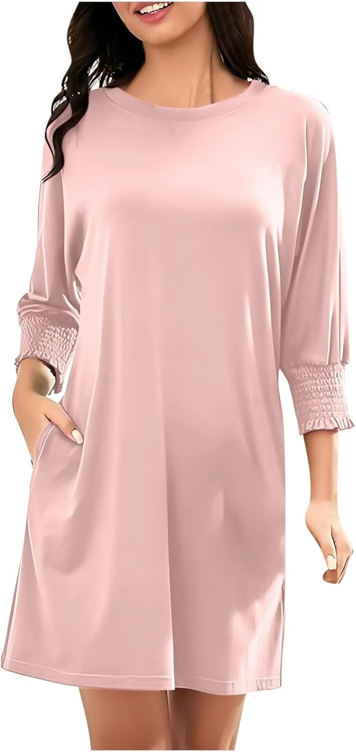 3/4 Sleeve Womens Dresses Summer Spring Quarter Sleeve Crew Neck Mini Dress Loose Fit Beach Coverups Comfy Tshirt Dress