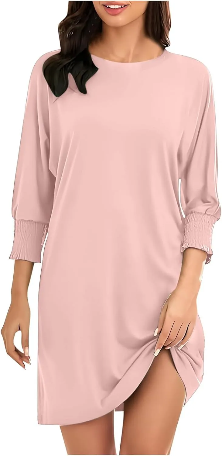 3/4 Sleeve Womens Dresses Summer Spring Quarter Sleeve Crew Neck Mini Dress Loose Fit Beach Coverups Comfy Tshirt Dress