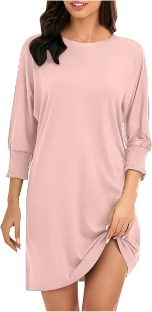 3/4 Sleeve Womens Dresses Summer Spring Quarter Sleeve Crew Neck Mini Dress Loose Fit Beach Coverups Comfy Tshirt Dress