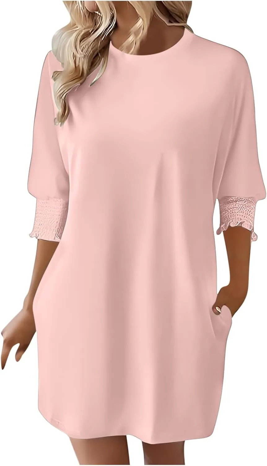 3/4 Sleeve Womens Dresses Summer Spring Quarter Sleeve Crew Neck Mini Dress Loose Fit Beach Coverups Comfy Tshirt Dress