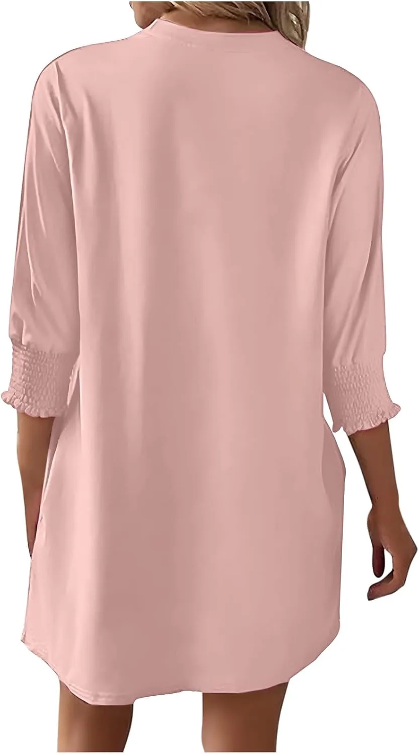 3/4 Sleeve Womens Dresses Summer Spring Quarter Sleeve Crew Neck Mini Dress Loose Fit Beach Coverups Comfy Tshirt Dress